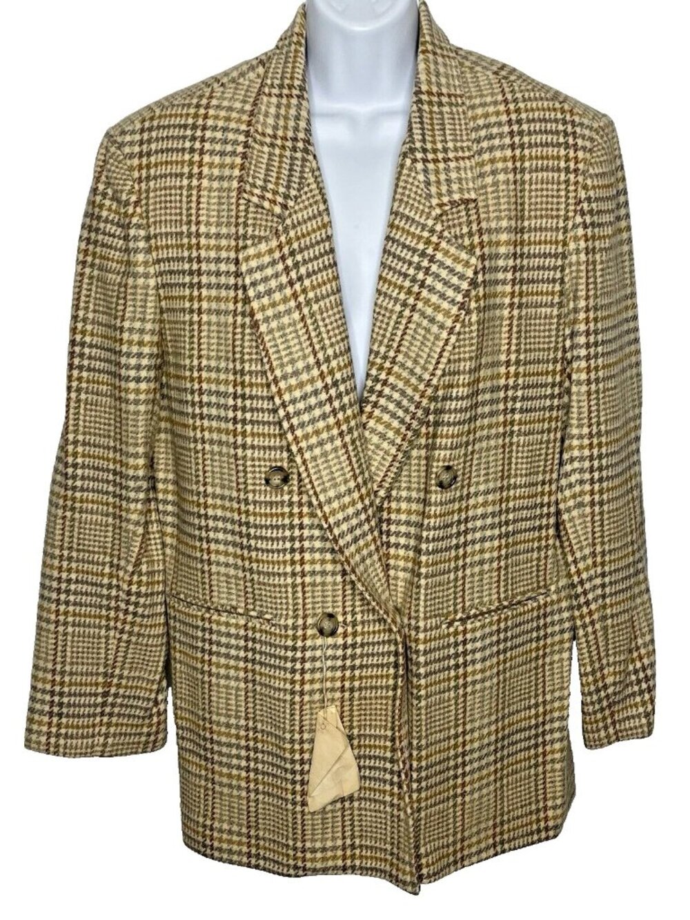 Vintage 80s La Redoute Wool Blazer Size 16 Houndstooth Double Breasted
